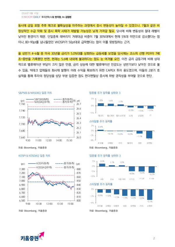 8월 19일 한국 증시 섹터별 등락 히트맵, 삼성전자 하락 SK하이닉스 상승