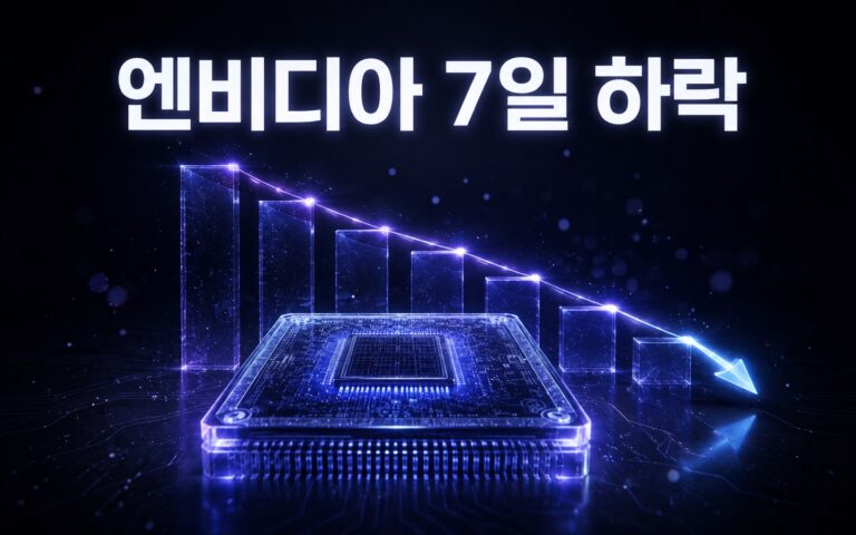 AI 반도체 칩 뒤로 7거래일 연속 하락 흐름이 이어지는 모습을 표현한 썸네일