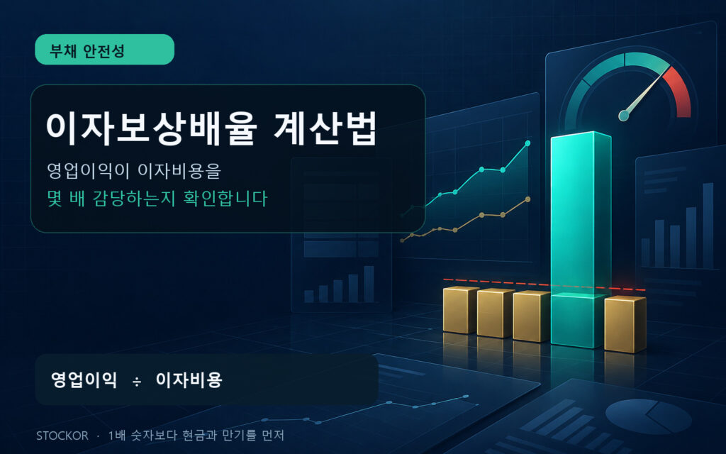 청록색 영업이익 기둥이 여러 개의 금색 이자비용 블록을 감당하는 구조를 보여주는 짙은 남색 금융 데이터 대표 이미지