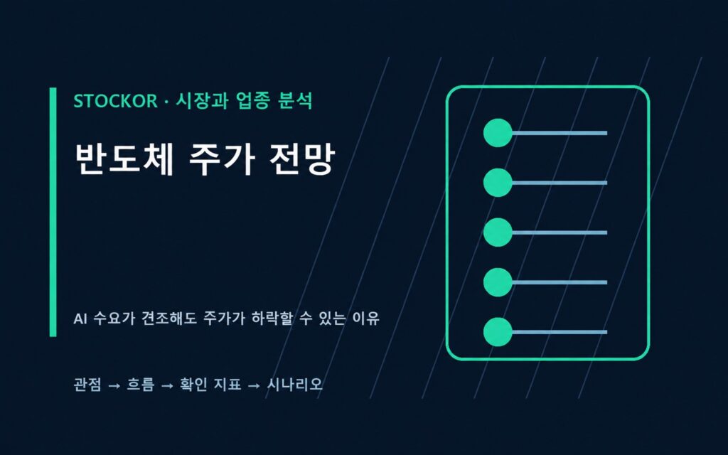 반도체 주가 전망을 AI 수요와 이익 추정치 금리 밸류에이션으로 설명하는 짙은 남색 청록 금융 데이터 썸네일