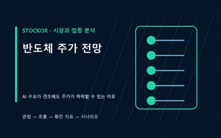 반도체 주가 전망을 AI 수요와 이익 추정치 금리 밸류에이션으로 설명하는 짙은 남색 청록 금융 데이터 썸네일