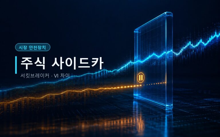 급변하는 주식시장에서 사이드카가 프로그램매매 호가를 잠시 멈추는 모습을 표현한 이미지