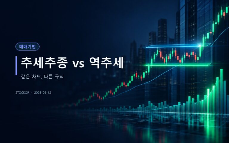 주식 투자 교육 썸네일 — 추세추종 vs 역추세, 같은 차트, 다른 규칙
