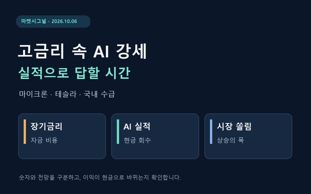 고금리와 AI 실적 기대를 대비하고 현금흐름과 시장 쏠림 점검을 안내하는 10월 6일 증시 분석 표지