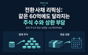 짙은 남색 배경에서 전환가격 조정에 따라 늘어나는 잠재 주식과 별도로 확인할 현금 상환 부담을 대비한 전환사채 리픽싱 안내 표지