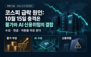 짙은 남색 배경에 하락 추세선과 AI 서버, 물가 부담·AI 수요·신용위험 패널을 배치한 2026년 10월 15일 코스피 급락 복기 표지